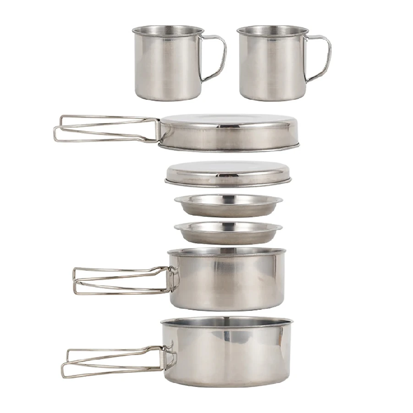 Camping Cooking Kit - 8個/セット キャンプ調理器具セット ステンレス製調理鍋とフライパンセット プレートとカップ付き アウトドアハイキングバックパッキング用