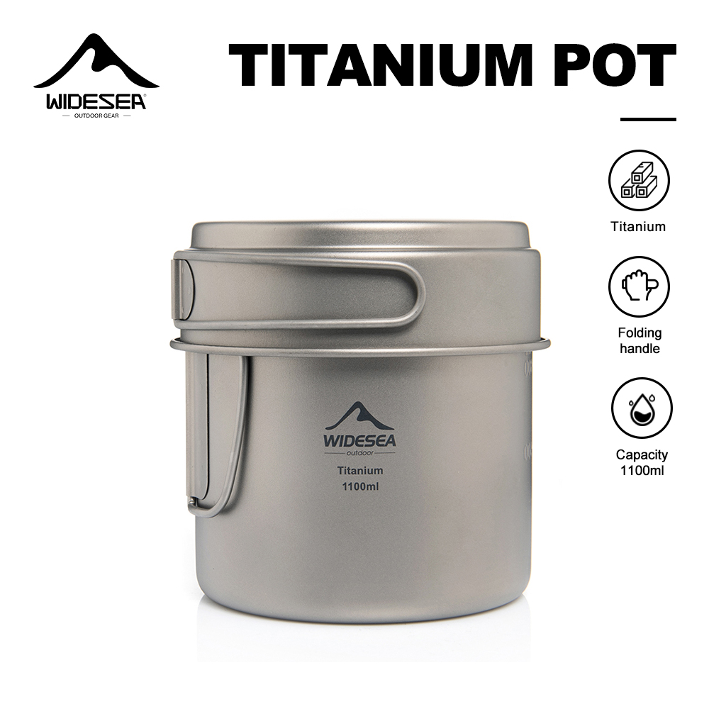 Camping Cooking Kit - Widesea 超軽量チタンキャンプポット 1100ml 折りたたみハンドル ポータブルアウトドア調理器具 メッシュバッグ付き