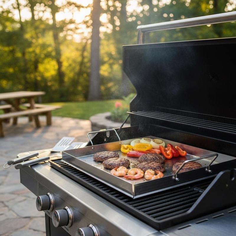 Camping Cooking Handle - ユニバーサルフラットトップグリドル 18x16インチ キャンプ、テールゲーティングパーティー用、長方形ホットプレート ファミリー調理器具 内蔵ハンドル ガスグリルアタッチメント