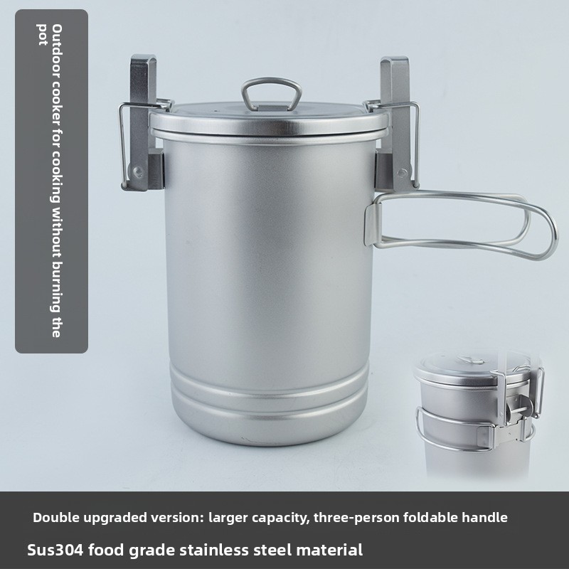 Camping With Cooking - 多機能キャンプ用炊飯鍋 304ステンレス鋼製 吊り下げ式シチューポット 取り外し可能な蒸し器付き キャンプファイヤー RV
