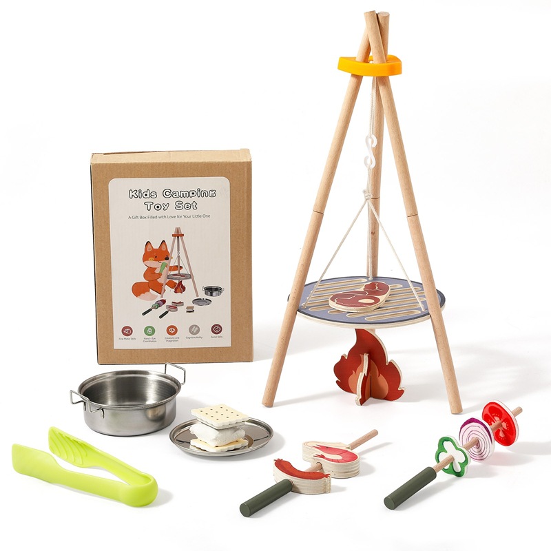 Camping Cooking Kids - 木製キッズキャンプバーベキュートイセット キャンプファイヤークッキングプレイセット 三脚グリル付き モンテッソーリロールプレイングキッチン 誕生日プレゼント
