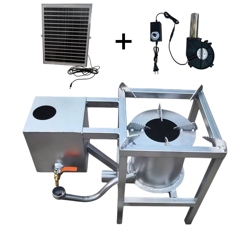 Camping With Cooking - 屋外での調理、暖房、解凍に使える、空気送風機とソーラーパネル付きの、持ち運び可能な硬質チタン鋼製廃油バーナー・キャンプストーブ。