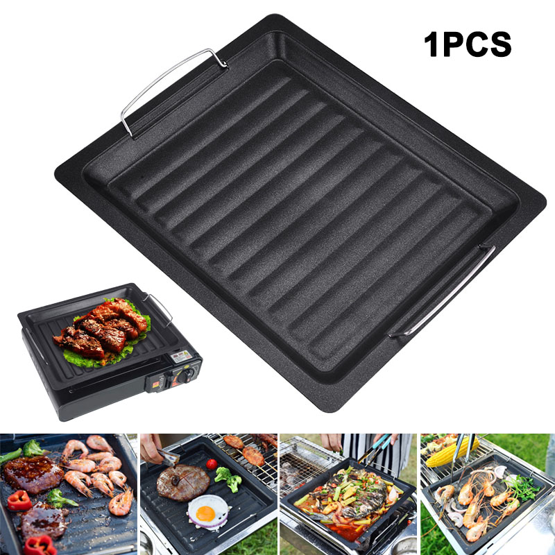 Camping Cooking Set - 屋外用厚い四角グリルパン 2つのハンドル付き ポータブルノンスティックグリルパン ベーキングトレイ 外出用 バーベキュー