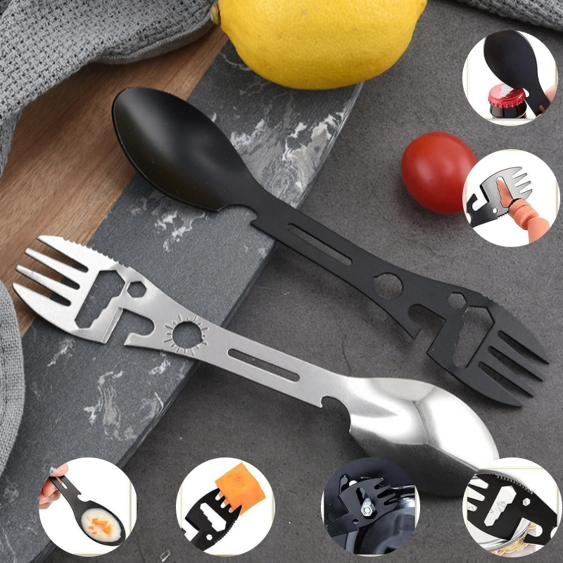Camping Cooking Set Lightweight - ポータブルステンレス鋼フォークスプーン多用途キャンプスプーン軽量ボトルオープナーナイフ便利なアウトドアキャンプツール
