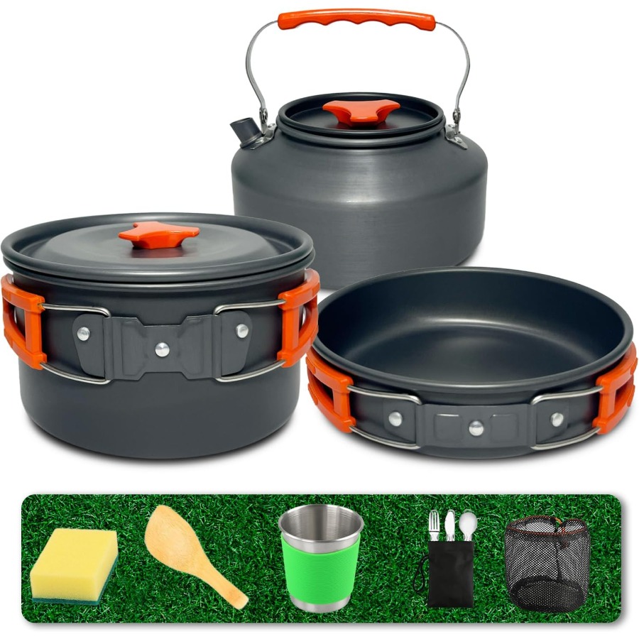 Camping Cooking Kit - キャンプ用調理器具セット：35オンスの焦げ付き防止加工鍋＋59オンスのフライパン、13点セットの超軽量ネスト式調理器具。バックパッキング、ハイキング、アウトドアでの調理に最適。