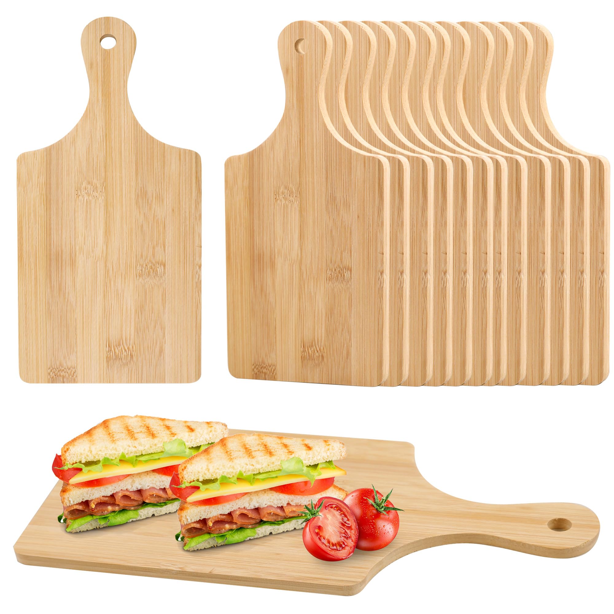 Camping Cooking Set - キャンプ用調理器具セット。竹製のまな板12枚入り。持ち手付きの木製まな板で、アウトドアでの料理、バーベキュー、ピクニックに最適。サイズ：11 x 5。