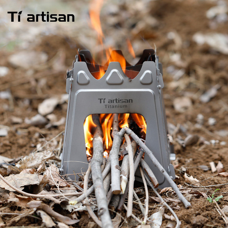 Camping Cooking Fire Stove - チタン製折りたたみ式薪ストーブ ポータブルコンパクト バックパッキング用焚き火ストーブ アウトドアキャンプ ハイキング ピクニック料理用