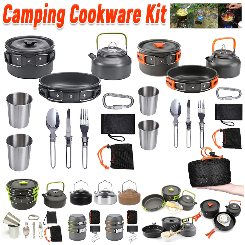 Camping Cooking Kit - キャンプ調理器具キット ケトル ポット パン クックセット ポータブル