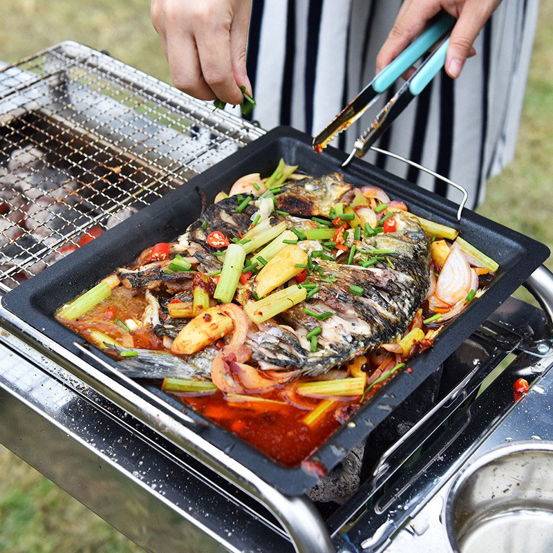 屋外用厚い四角グリルパン 2つのハンドル付き ポータブルノン - Camping Cooking Set のレビューと価格