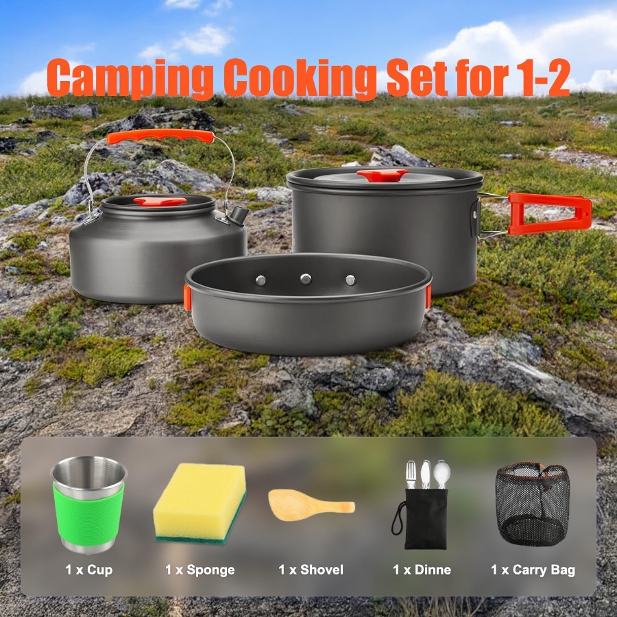 キャンプ用調理器具セット：35オンスの焦げ付き防止加工鍋＋5 - Camping Cooking Kit のレビューと価格
