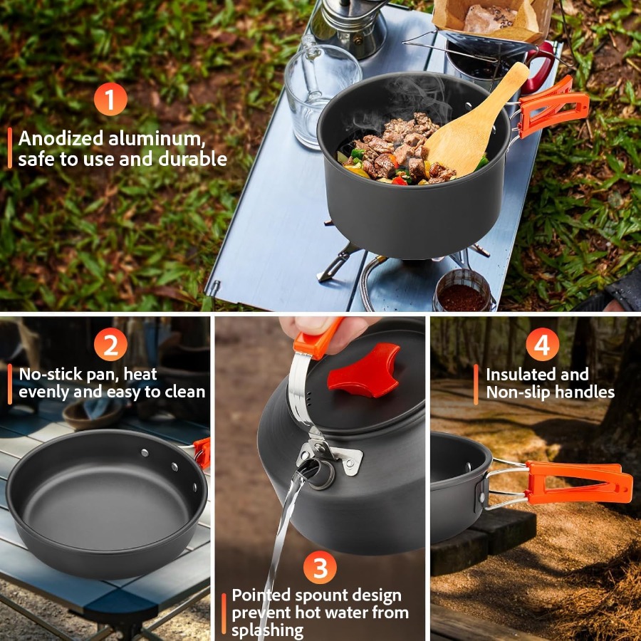 キャンプ用調理器具セット：35オンスの焦げ付き防止加工鍋＋5 - Camping Cooking Kit のレビューと価格